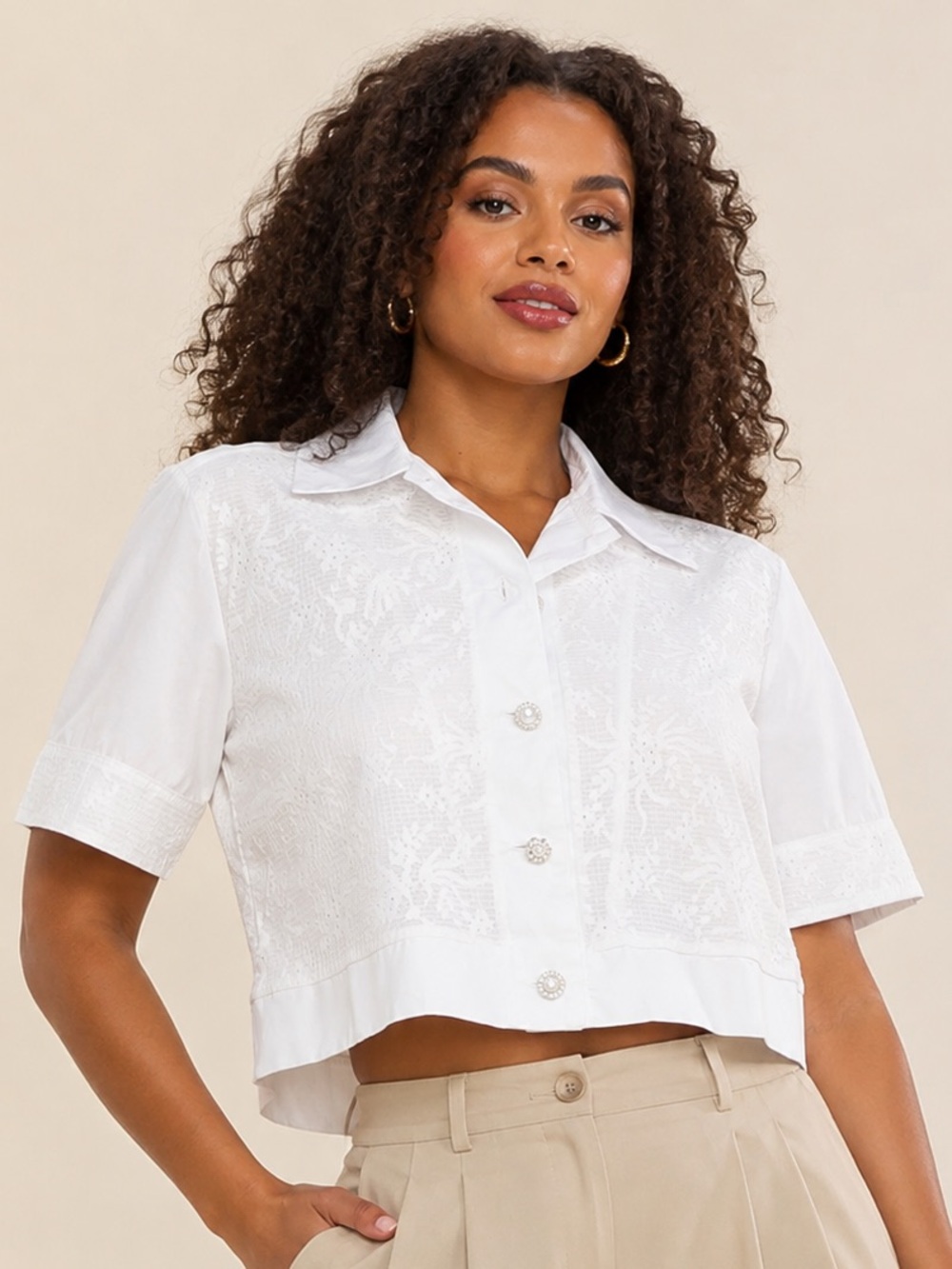 Cropped White Lace Panel Button Down Shirt Pearl Jewel Buttons Collared Top S,M,
